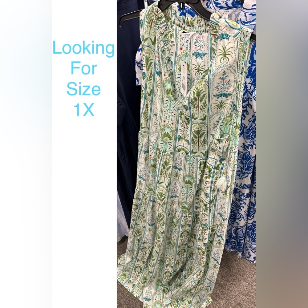 Looking For Crown and Ivy Plus 1X Palm Stripe Ivory Floral Ruffle Neck Dress